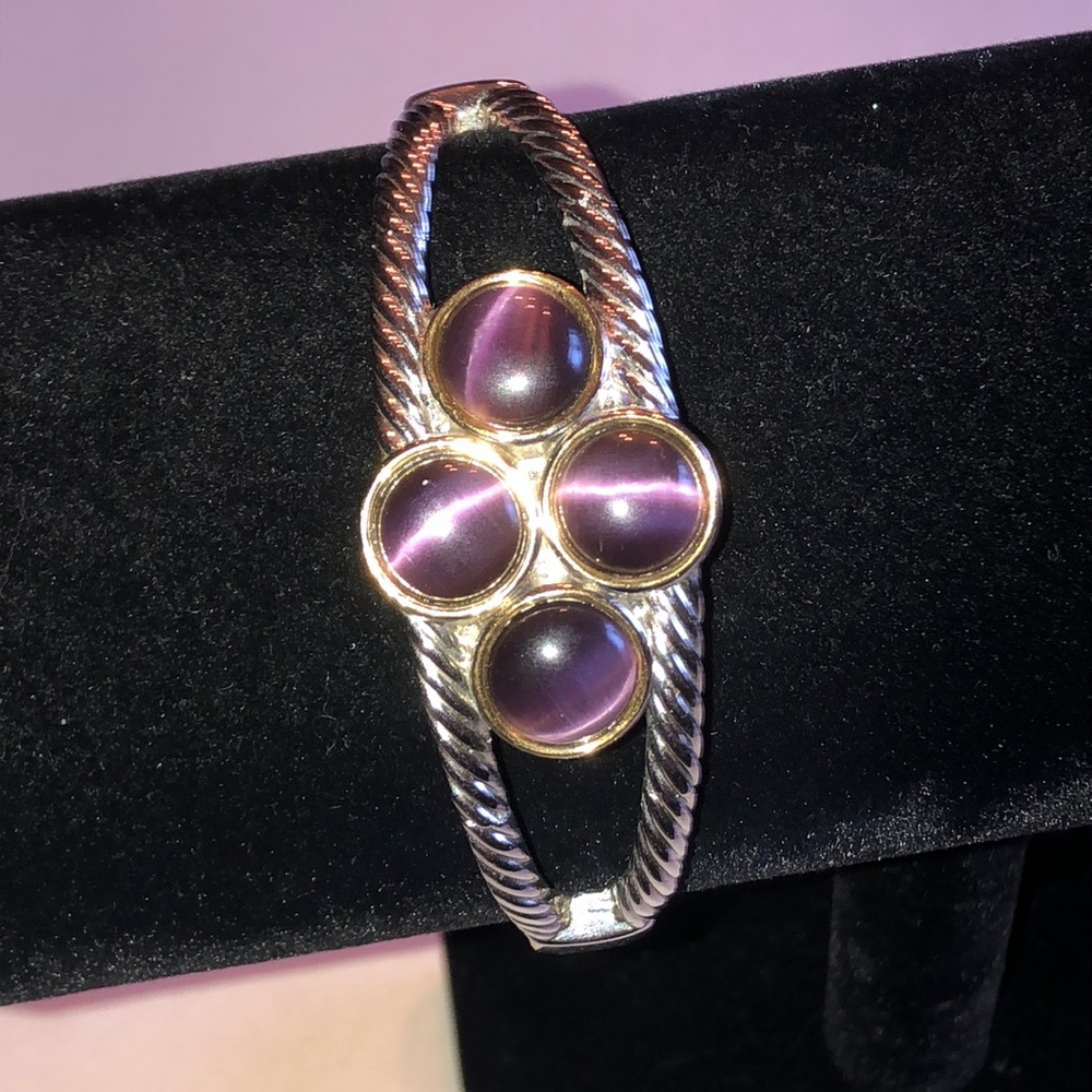 Silver Tone Bracelet with Purple Cabochon Accents
